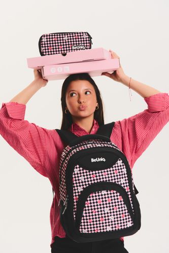 BEUNIQ BEUNIQ Piórnik Pink floral check BeUniq różowa kratka otwierany duży pojemny z klapką rozmiar ONE SIZE