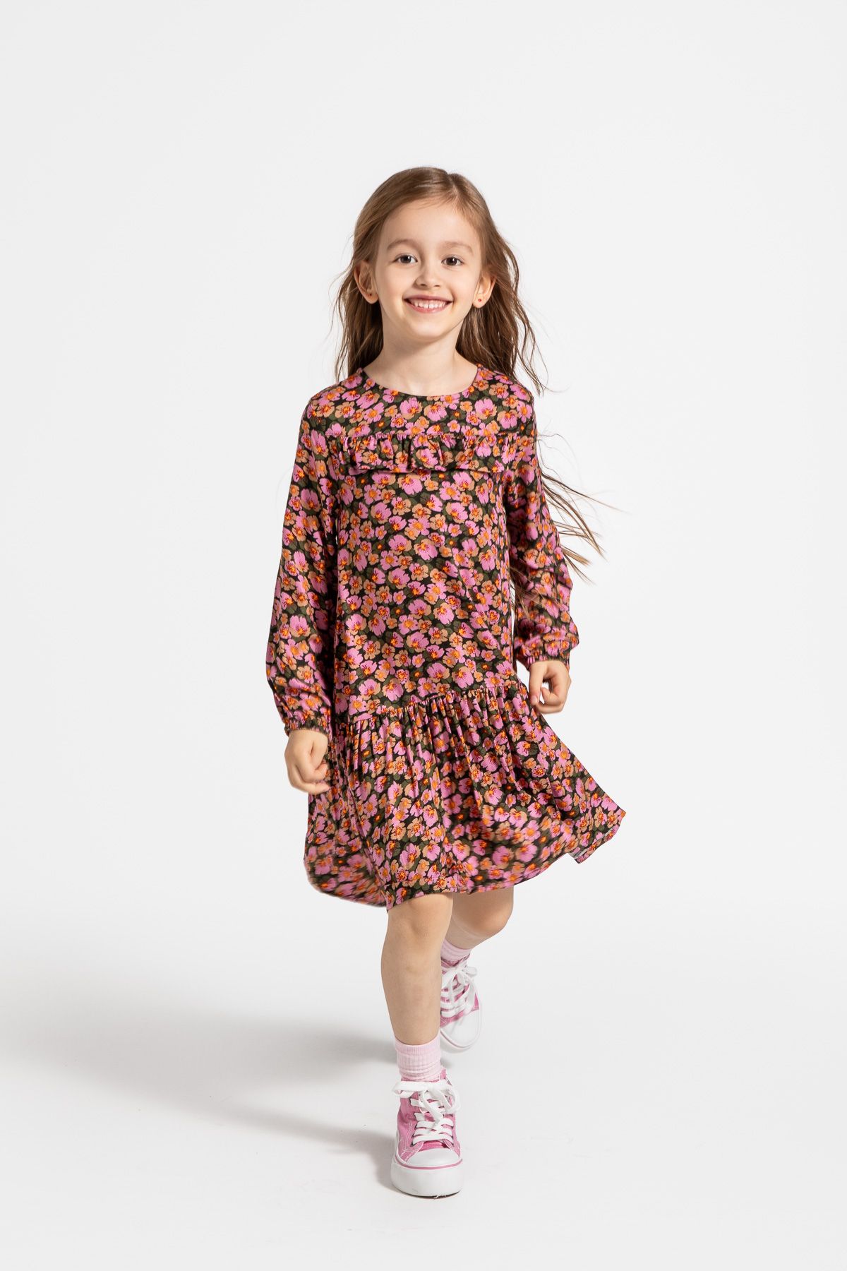 Sukienka tkaninowa - wielokolorowa z nadrukiem w kwiaty