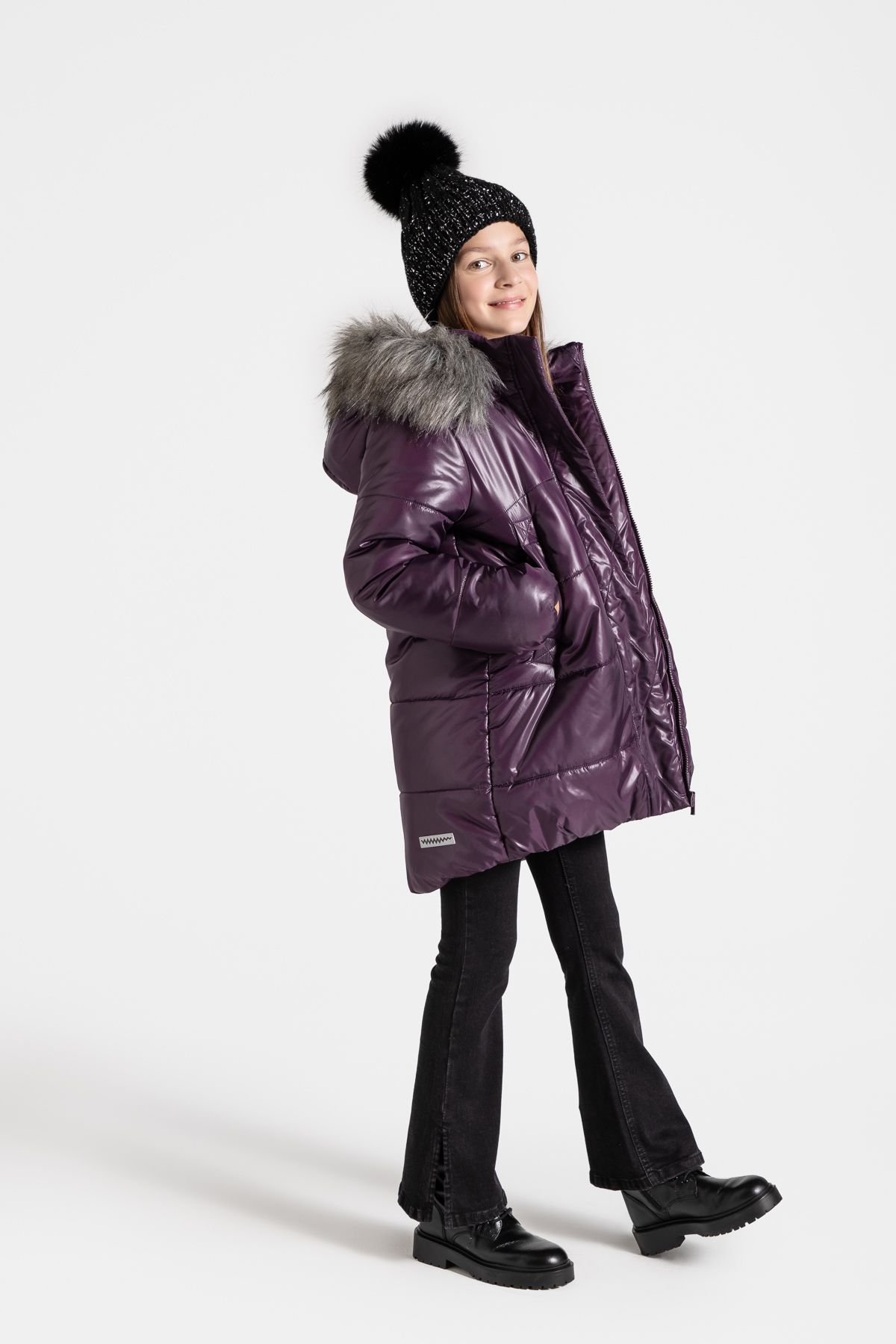 Kurtka zimowa - fioletowa z kapturem i kieszeniami - COCCODRILLO