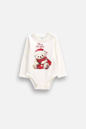 COCCODRILLO COCCODRILLO Body z długim rękawem MERRY XMAS ecru ze świątecznym nadrukiem na przodzie rozmiar 86 dla dziecka