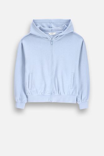 COCCODRILLO COCCODRILLO Bluza rozpinana niebieska bawełniana z kapturem kieszeniami i napisami na plecach rozmiar 146 dla dziewczynki