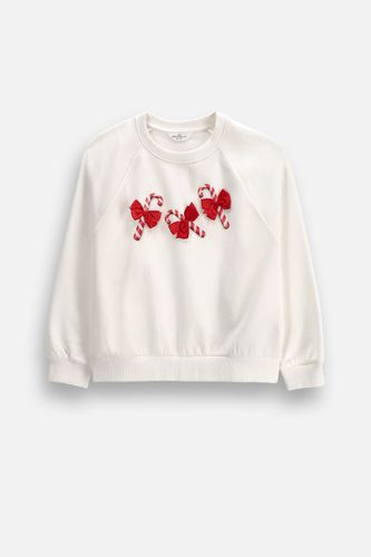 COCCODRILLO COCCODRILLO Bluza dresowa MERRY XMAS ecru ocieplana z dzianiny czesanej i nadrukiem cukrowych lasek na przodzie rozmiar 110 dla dziewczynki