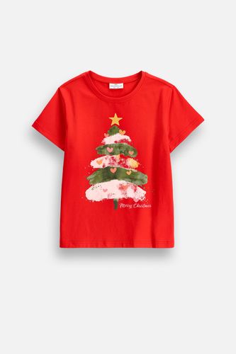 COCCODRILLO COCCODRILLO T-shirt z krótkim rękawem MERRY XMAS czerwony z napisem i nadrukiem ozdobnej choinki na przodzie rozmiar 110 dla dziewczynki