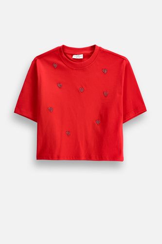 COCCODRILLO COCCODRILLO Koszulka z krótkim rękawem czerwona z ozdobnymi koralikami w kształcie serc typu CROP TOP rozmiar 140 dla dziewczynki