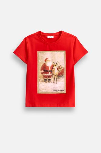 COCCODRILLO COCCODRILLO Koszulka z krótkim rękawem MERRY XMAS czerwona z nadrukiem Świętego Mikołaja i Renifera na przodzie rozmiar 128 dla dziewczynki