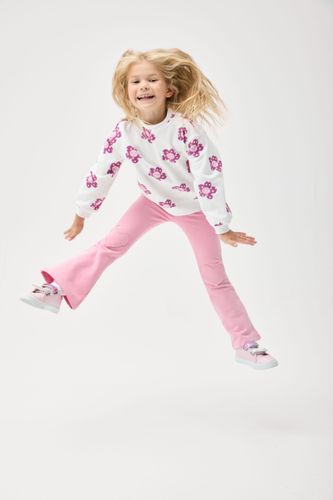 MOKIDA WEAR MOKIDA WEAR Legginsy z długą nogawką FLARE różowe ocieplane z dzianiny czesanej i sercami na kolanach rozmiar 116 dla dziewczynki